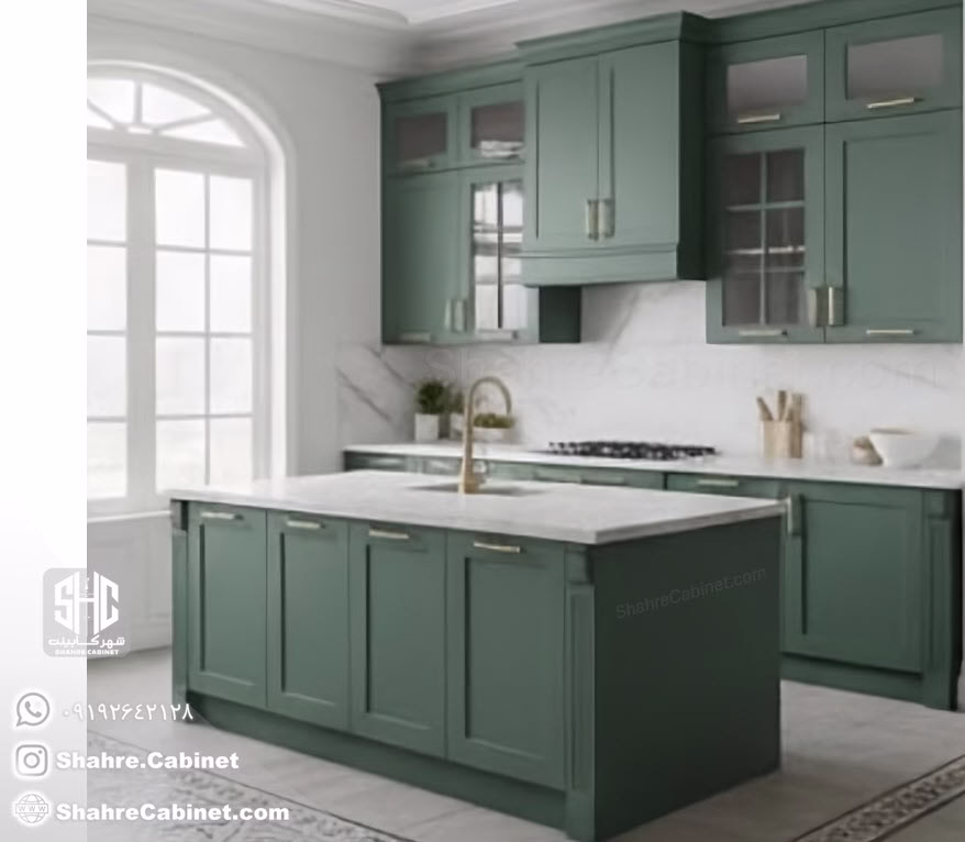 کابینت سبز پاستیلی نئوکلاسیک + شرایط خرید اقساطی 1 کابینت سبز پاستیلی جدید نئوکلاسیک شهر کابینت