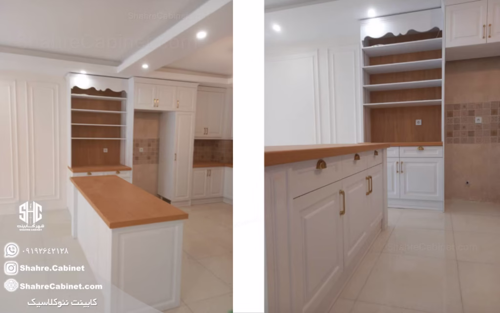 کابینت نئوکلاسیک شیک و جدید + نمونه کار اجرا شده 2 کابینت نئوکلاسیک خاص سفید چوب روکش کره ای